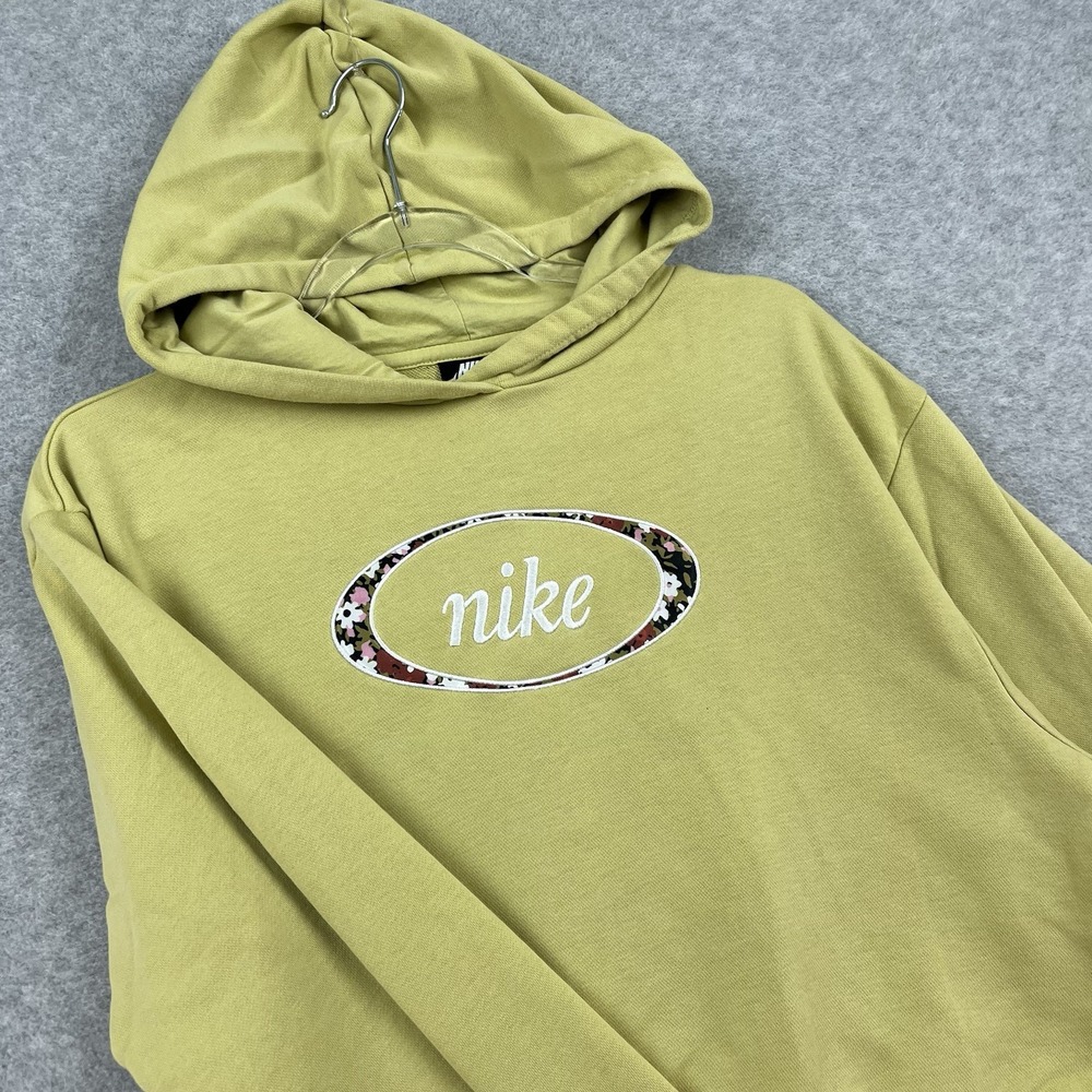 Nike Top Women Small Yellow Floral Stitched Logo Hoodie Sweatshirt Cropped